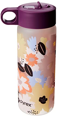 Pyrex 24-Oz Color Changing Water Bottle with Flip-Top Lid, Leakproof and Textured Glass Reusable, Eco-Friendly, BPA-Free Silicone Coating, Happy Floral