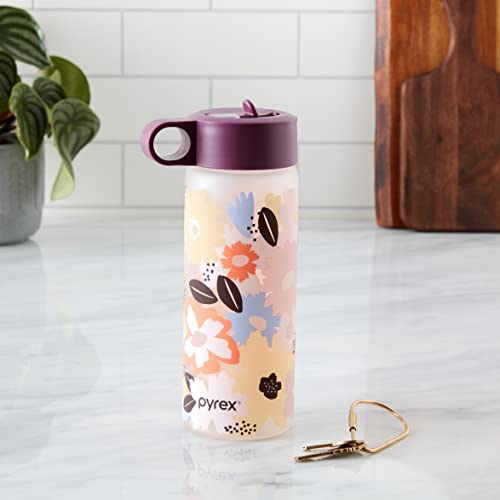 Pyrex 24-Oz Color Changing Water Bottle with Flip-Top Lid, Leakproof and Textured Glass Reusable, Eco-Friendly, BPA-Free Silicone Coating, Happy Floral