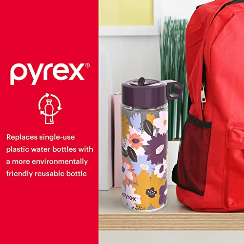 Pyrex 24-Oz Color Changing Water Bottle with Flip-Top Lid, Leakproof and Textured Glass Reusable, Eco-Friendly, BPA-Free Silicone Coating, Happy Floral