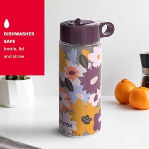 Pyrex 24-Oz Color Changing Water Bottle with Flip-Top Lid, Leakproof and Textured Glass Reusable, Eco-Friendly, BPA-Free Silicone Coating, Happy Floral