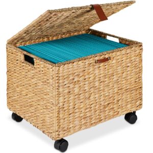 best choice products water hyacinth rolling filing cabinet, woven mobile storage basket, portable file organizer for legal & letter size memos w/lid, 4 locking wheels - natural