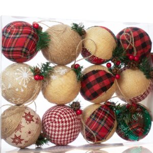 12 Piece Rustic Christmas Tree Ornaments, Farmhouse Christma Decoration, Natural Jute Burlap Christmas Ball