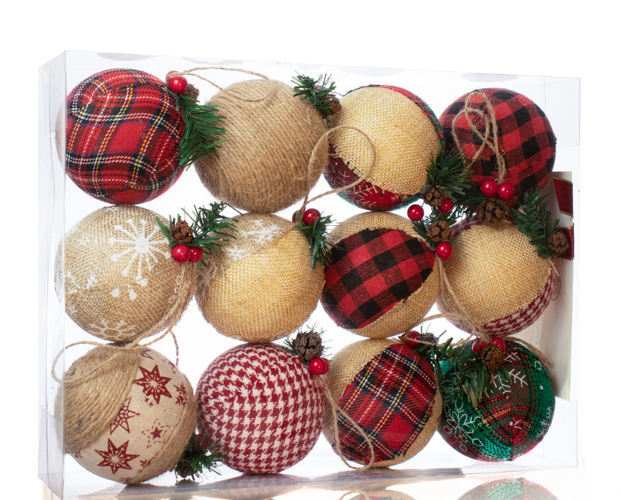 12 Piece Rustic Christmas Tree Ornaments, Farmhouse Christma Decoration, Natural Jute Burlap Christmas Ball