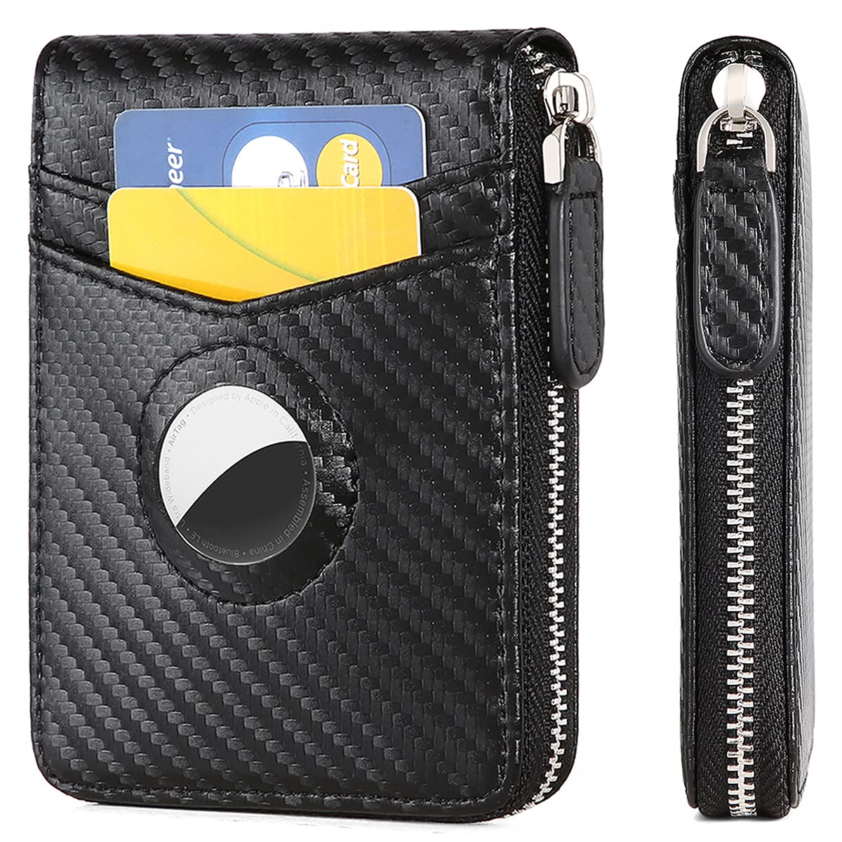 Huztencor AirTag Wallet, Mens Wallet Zipper RFID Slim Leather RFID Credit Card Wallet with Built-in Case Holder for Apple AirTag Carbon Fiber Black