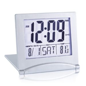 kanbit small digital travel alarm clock battery operated, portable large number display loud alarm clock with temperature, night backlight, 12/24 h desk clock -silver (white light)