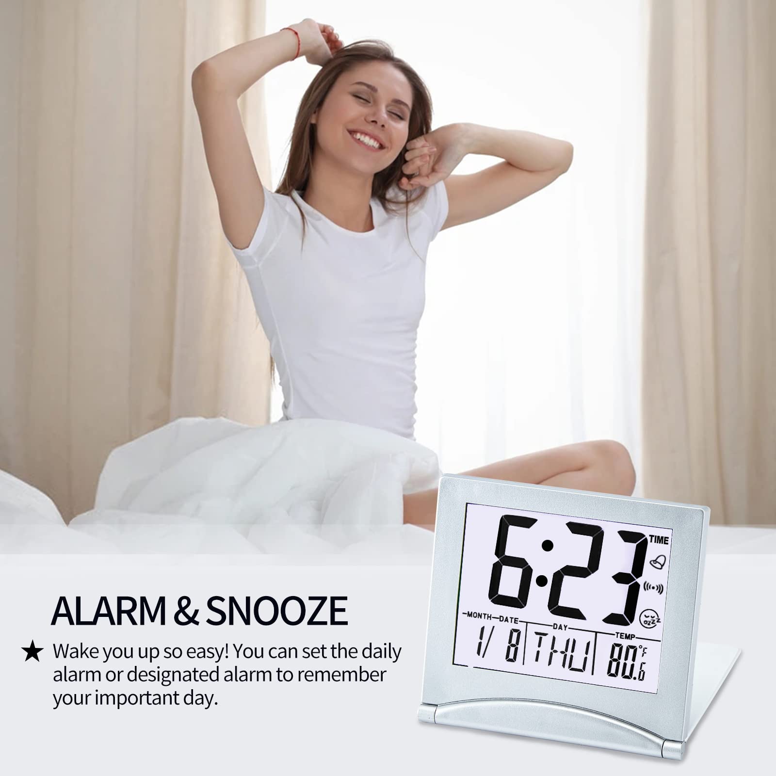 KANBIT Small Digital Travel Alarm Clock Battery Operated, Portable Large Number Display Loud Alarm Clock with Temperature, Night Backlight, 12/24 H Desk Clock -Silver (White Light)