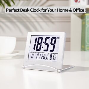 KANBIT Small Digital Travel Alarm Clock Battery Operated, Portable Large Number Display Loud Alarm Clock with Temperature, Night Backlight, 12/24 H Desk Clock -Silver (White Light)