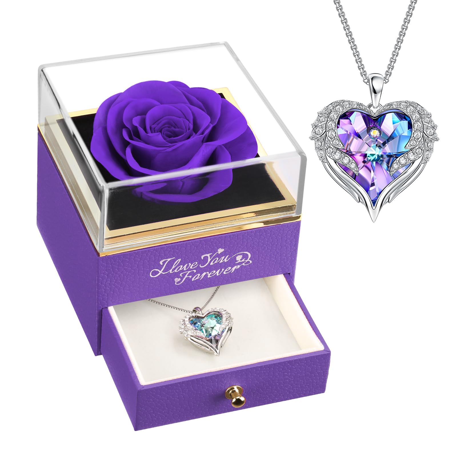 NEWNOVE Mothers Day Gifts - Preserved Real Purple Rose with Angel Wings Necklace - Flower Gifts for Women Wife Girlfriend Mom and Grandma, Anniversary Birthday Gifts for Women