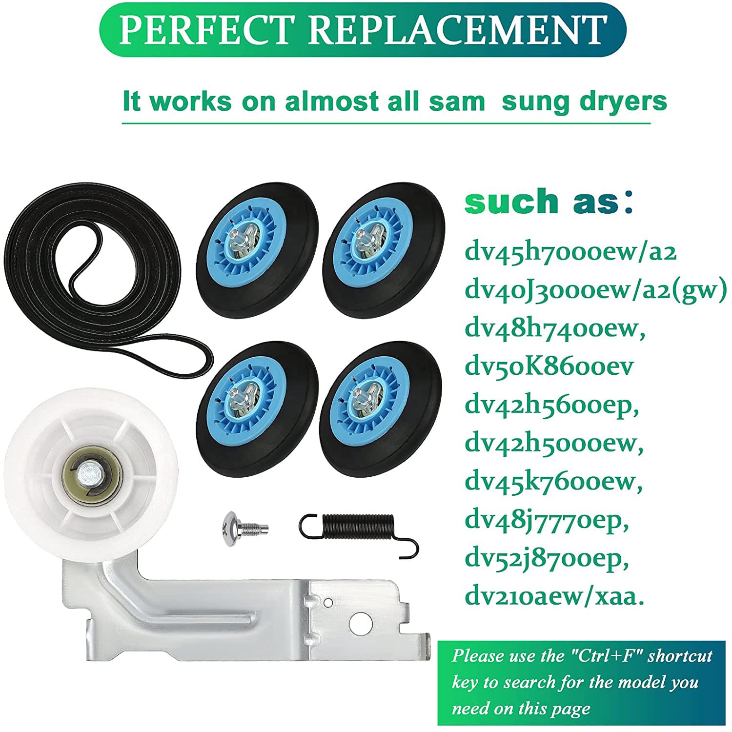 DV45H7000EW A2 DV42H5000EW A3 Parts Replacement for Samsung Dryer Roller Replacement Kit DC97-16782A Dryer Belt 6602-001655 Idler Pulley DC93-00634A Tension Spring for DV42H5200EW A3 DV48H7400EW A2