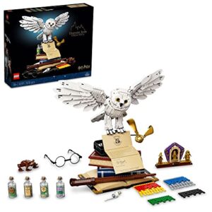 lego harry potter hogwarts icons - collectors' edition 76391 20th anniversary collectable hedwig owl model, with 3 exclusive golden minifigures: dumbledore, mcgonagall and hagrid; great gift idea