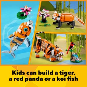 LEGO Creator 3 in 1 Majestic Tiger Building Set, Transforms from Tiger to Panda or Koi Fish Set, Animal Figures, Collectible Building Toy, Gifts for Kids, Boys & Girls 9 Plus Years Old, 31129