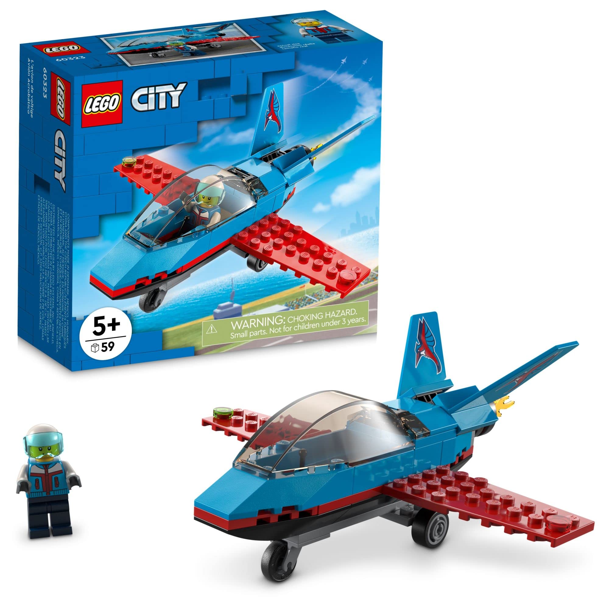 LEGO City Great Vehicles Stunt Plane 60323 Jet Airplane Toy, 2022 Building Set, Gifts for Kids, Boys and Girls 5 plus Years Old with Pilot Minifigure