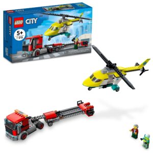 lego city great vehicles rescue helicopter transport building kit 60343, with toy truck and toy helicopter, pretend play toy vehicle toys with minifigures for kids, boys and girls 5 plus years old