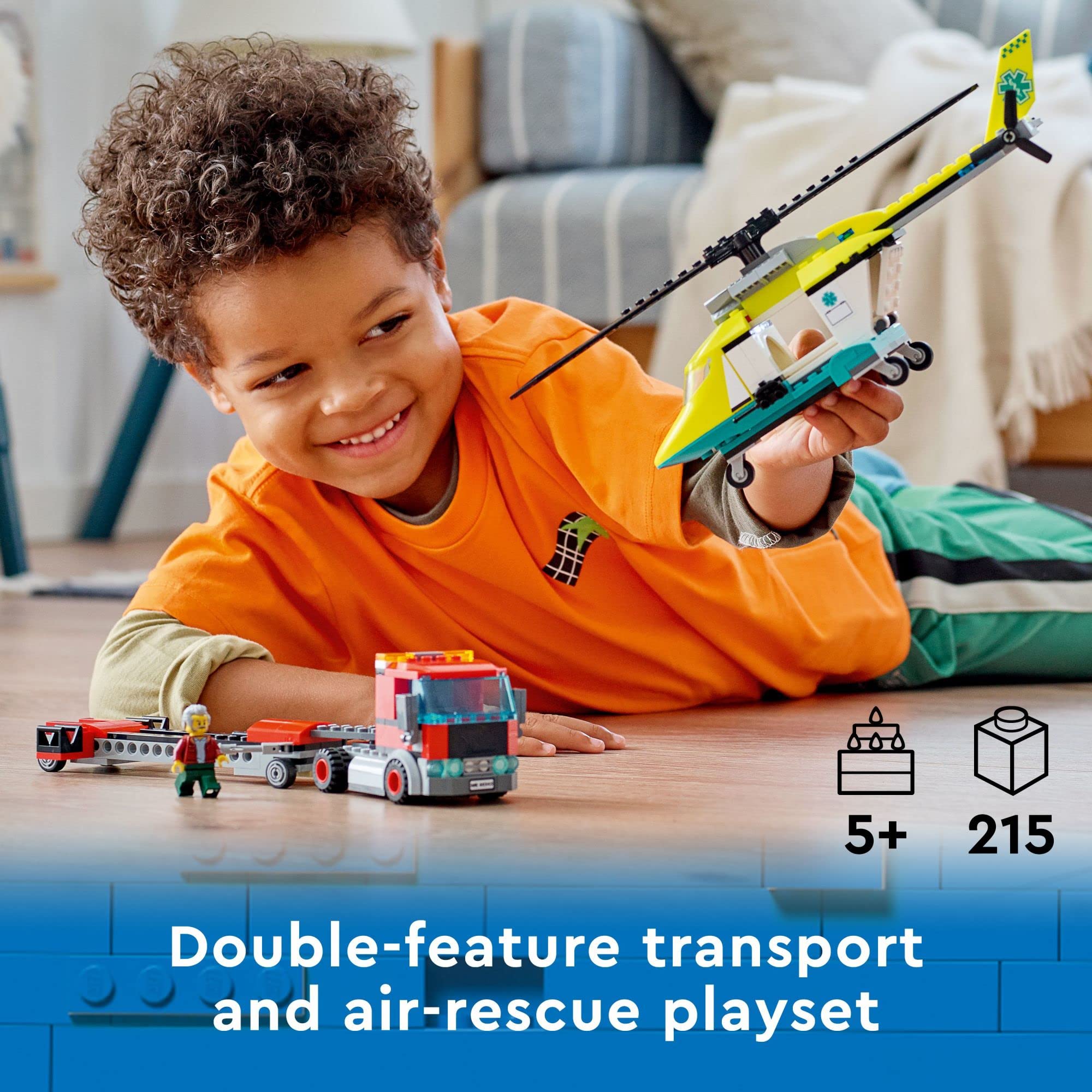 Lego City Great Vehicles Rescue Helicopter Transport Building Kit 60343, with Toy Truck and Toy Helicopter, Pretend Play Toy Vehicle Toys with Minifigures for Kids, Boys and Girls 5 Plus Years Old