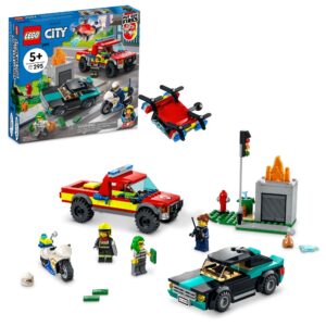 lego city fire rescue & police chase building set 60319 - kid's fire & police build, featuring 3 minifigures, emergency truck, patrol car, motorcycle toys, gifts for boys and girls age 5+ years old