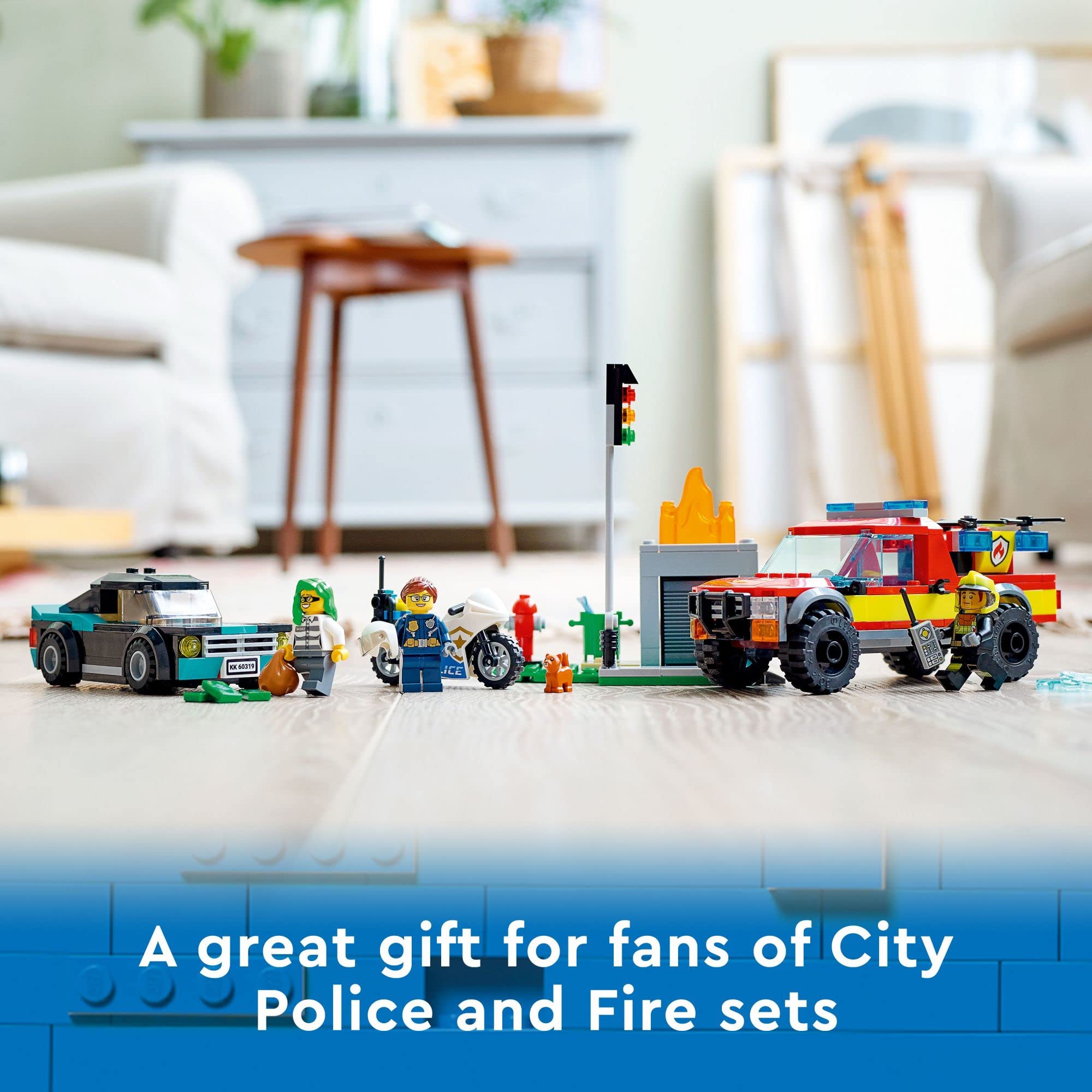 LEGO City Fire Rescue & Police Chase Building Set 60319 - Kid's Fire & Police Build, Featuring 3 Minifigures, Emergency Truck, Patrol Car, Motorcycle Toys, Gifts for Boys and Girls Age 5+ Years Old