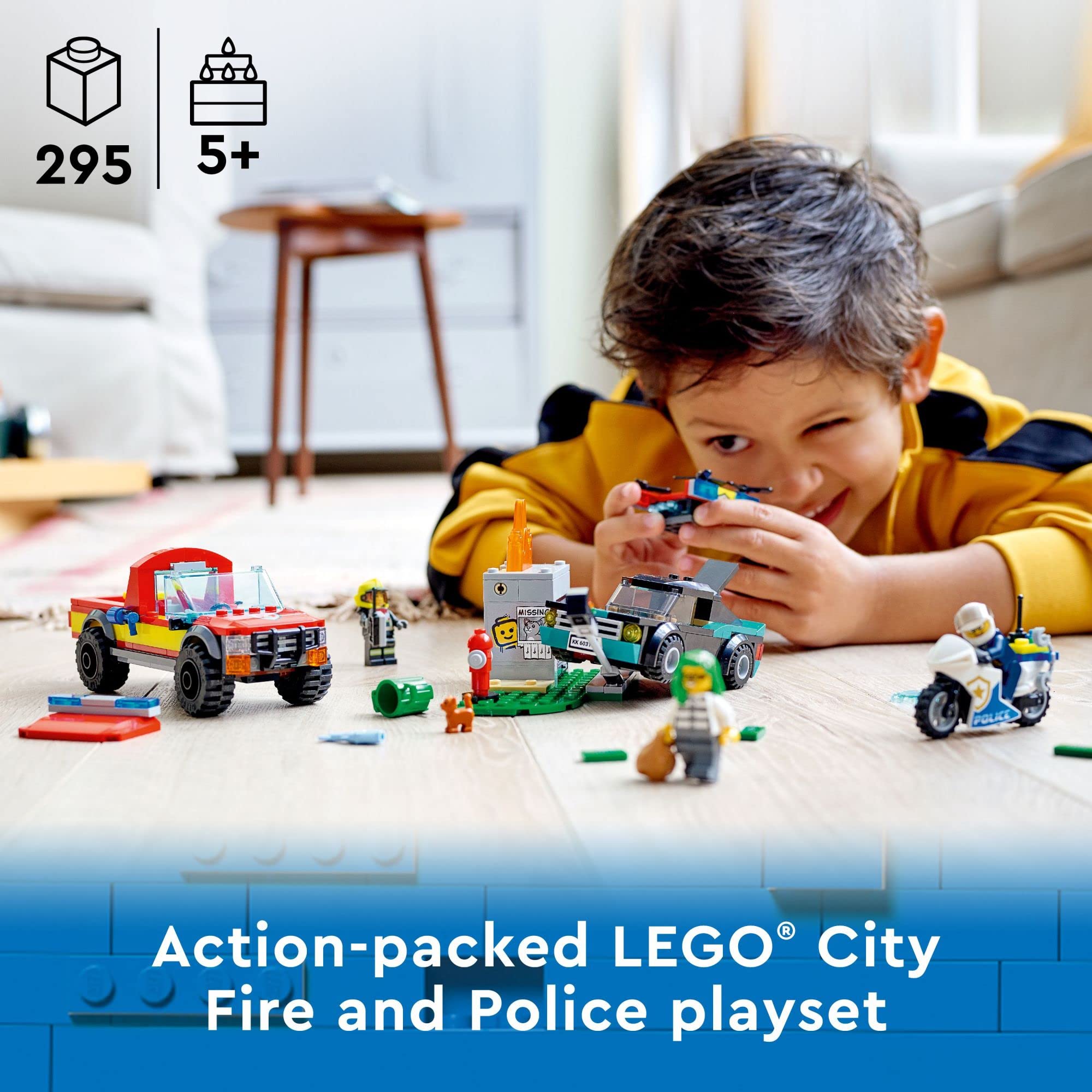 LEGO City Fire Rescue & Police Chase Building Set 60319 - Kid's Fire & Police Build, Featuring 3 Minifigures, Emergency Truck, Patrol Car, Motorcycle Toys, Gifts for Boys and Girls Age 5+ Years Old