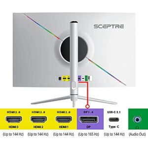 Sceptre Curved 32-inch QHD Gaming Monitor 2560 x 1440 up to 165Hz 144Hz 1ms HDR1000 99% sRGB, Light Sensor Height Adjustable DP HDMI USB Type C 3.1 Build-in Speakers Nebula White (C325B-QWN168W)