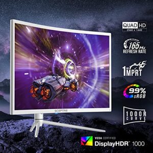 Sceptre Curved 32-inch QHD Gaming Monitor 2560 x 1440 up to 165Hz 144Hz 1ms HDR1000 99% sRGB, Light Sensor Height Adjustable DP HDMI USB Type C 3.1 Build-in Speakers Nebula White (C325B-QWN168W)