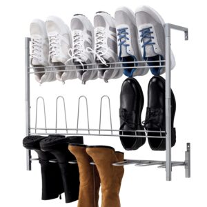 mygift premium silver metal hanging wall shoe rack for walk in closet, mudroom and entryway, wall mounted space saving boot and shoe rack organizer, holds 9 pairs