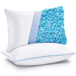 Cooling Bed Pillows Queen Size Set of 2, Shredded Memory Foam Pillows Cool Cold Pillow for Side Back Stomach Sleepers, Gel Pillow Adjustable Firm Pillows Soft Pillows for Sleeping 20x30 Pillow White