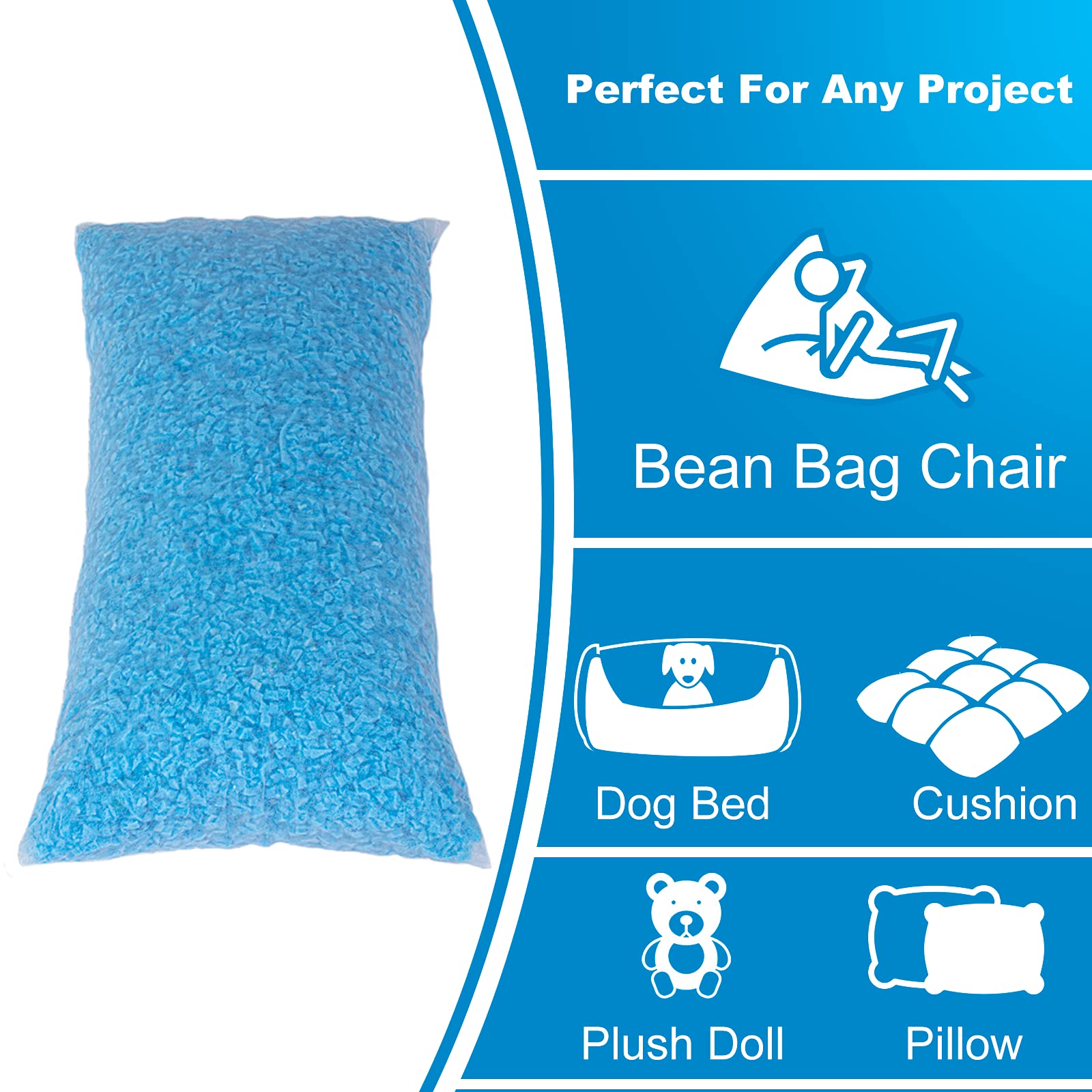 Molblly Bean Bag Filler Foam 5lbs Blue Premium Shredded Memory Foam Filling for Pillow Dog Beds Chairs Cushions and Arts Crafts, Added Gel Particles， Soft and Great for Stuffing（5 Pound 1-Pack）