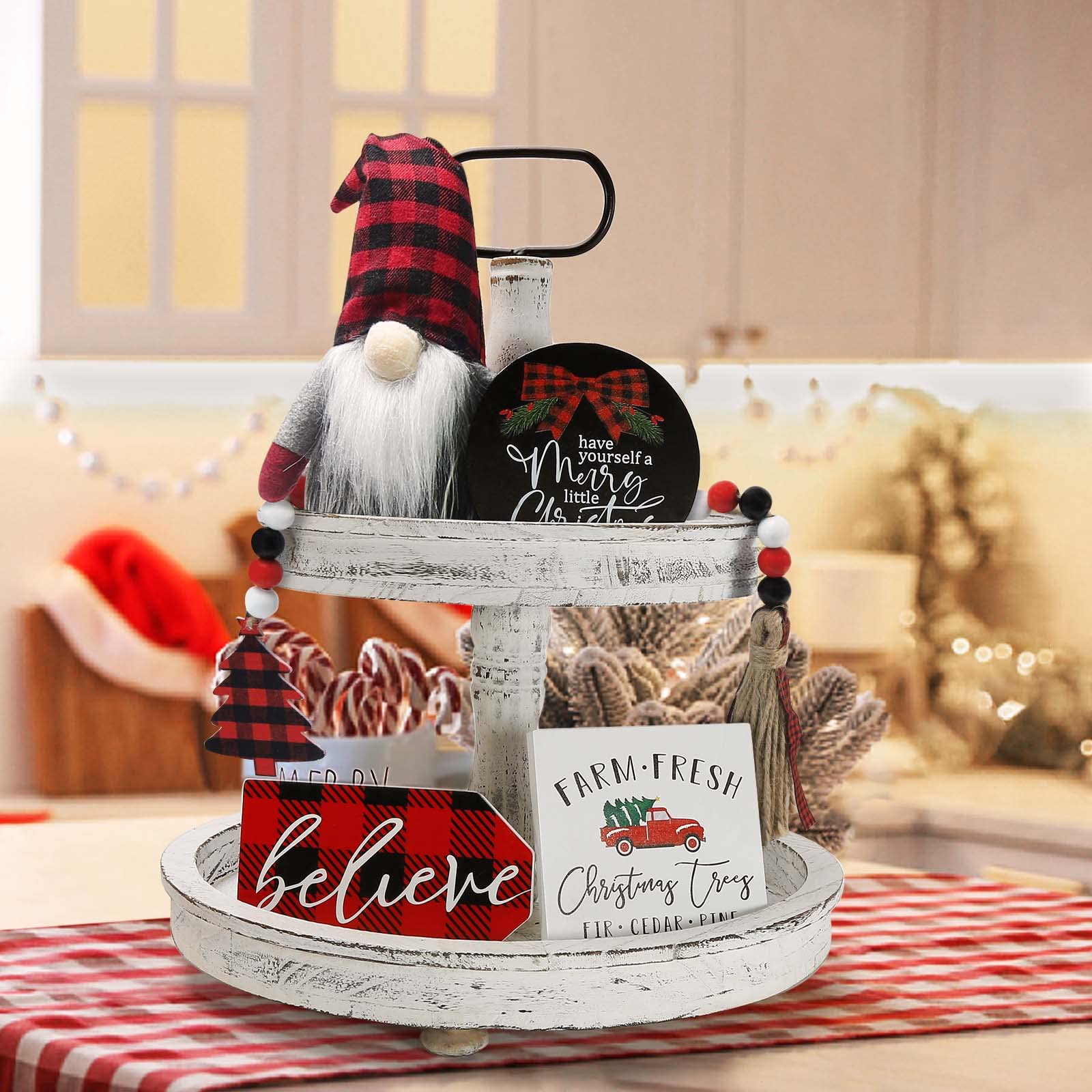 Christmas Decor - Christmas Decorations Indoor - Believe Merry Christmas Wooden Signs & Buffalo Plaid Gnomes Plush Set - Farmhouse Rustic Tiered Tray Country Decor for Home Room Table Mantle