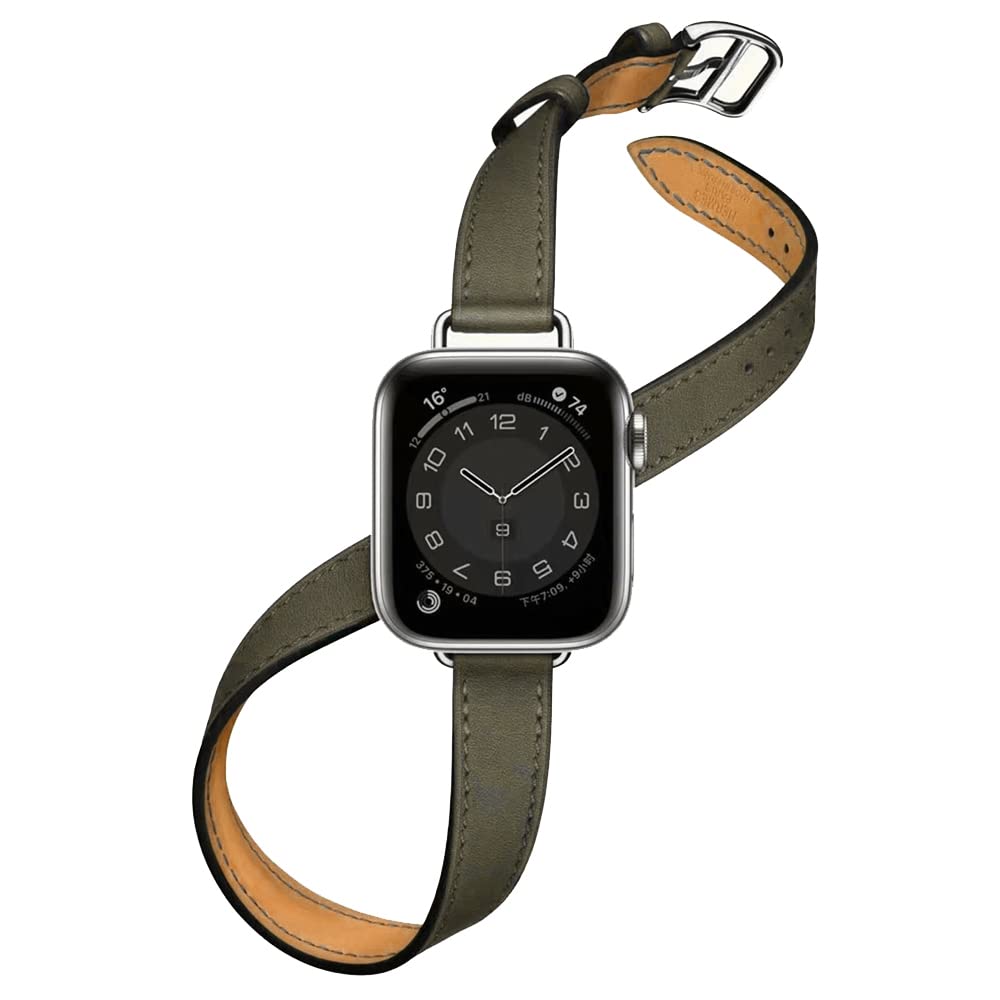 Slim Double Tour Genuine Leather Band for iWatch Series 8/Ultra/7/6/SE/5/4/3,Replacement Bracelet for Apple Watch Band 38mm 40mm 42mm 44mm 41mm 45mm 49mm,Strap,Brownness Wristband