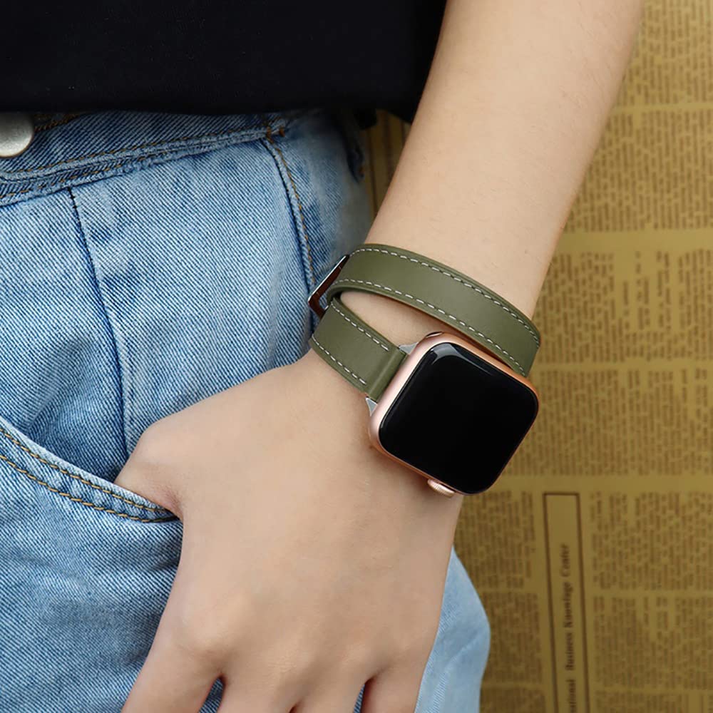 Slim Double Tour Genuine Leather Band for iWatch Series 8/Ultra/7/6/SE/5/4/3,Replacement Bracelet for Apple Watch Band 38mm 40mm 42mm 44mm 41mm 45mm 49mm,Strap,Brownness Wristband