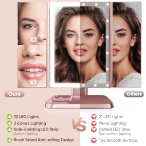 Makeup Mirror Trifold Mirror with Lights - 3 Color Lighting Modes 72 LED Vanity Mirror, 1x/2x/3x Magnification, Touch Control Design, Portable High Definition Cosmetic Lighted Up Mirror