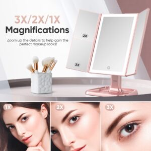 Makeup Mirror Trifold Mirror with Lights - 3 Color Lighting Modes 72 LED Vanity Mirror, 1x/2x/3x Magnification, Touch Control Design, Portable High Definition Cosmetic Lighted Up Mirror