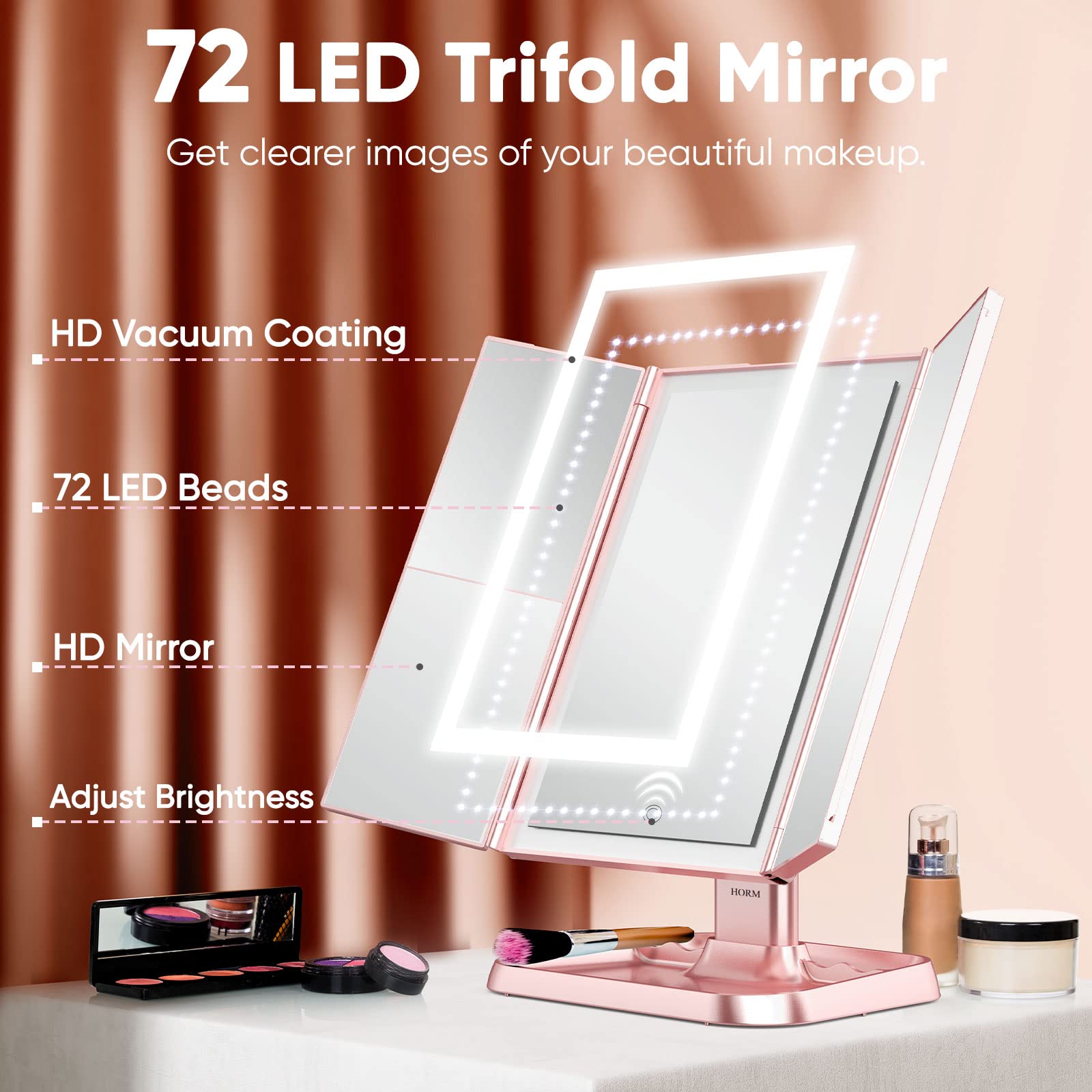 Makeup Mirror Trifold Mirror with Lights - 3 Color Lighting Modes 72 LED Vanity Mirror, 1x/2x/3x Magnification, Touch Control Design, Portable High Definition Cosmetic Lighted Up Mirror