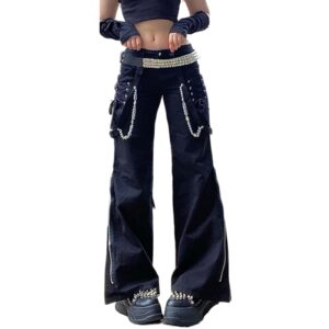 nufiwi women gothic cargo pants loose low waist trousers wide leg baggy jeans harajuku streetwear punk(black flare goth,s)