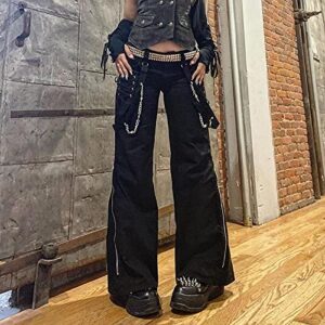 NUFIWI Women Gothic Cargo Pants Loose Low Waist Trousers Wide Leg Baggy Jeans Harajuku Streetwear Punk(Black Flare Goth,S)