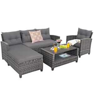 tangkula 4 pieces rattan conversation set, patiojoy outdoor furniture set with cushions, lounge sofa set with coffee table, patio sectional sofa set for patio garden poolside backyard (gray)