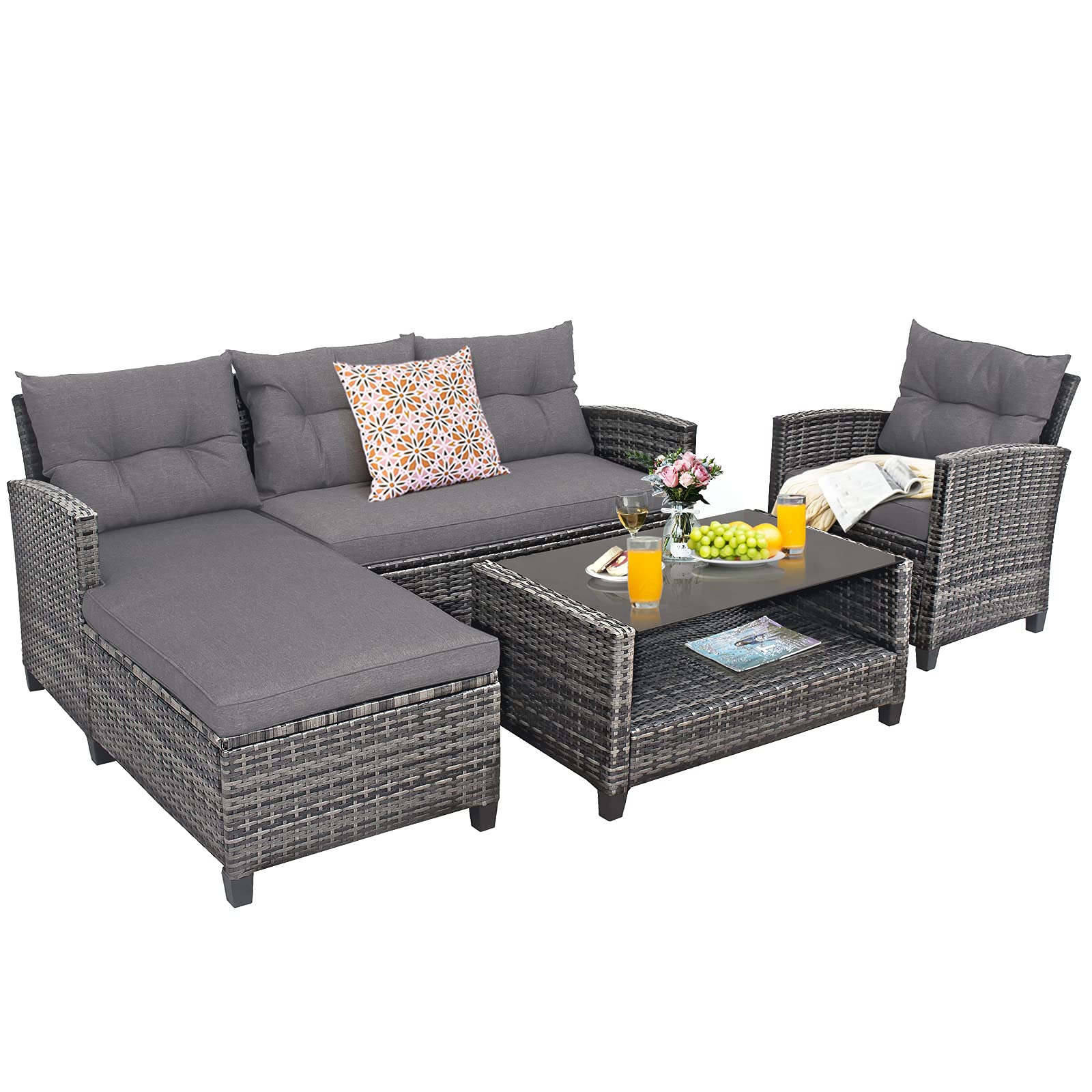 Tangkula 4 Pieces Rattan Conversation Set, Patiojoy Outdoor Furniture Set with Cushions, Lounge Sofa Set with Coffee Table, Patio Sectional Sofa Set for Patio Garden Poolside Backyard (Gray)