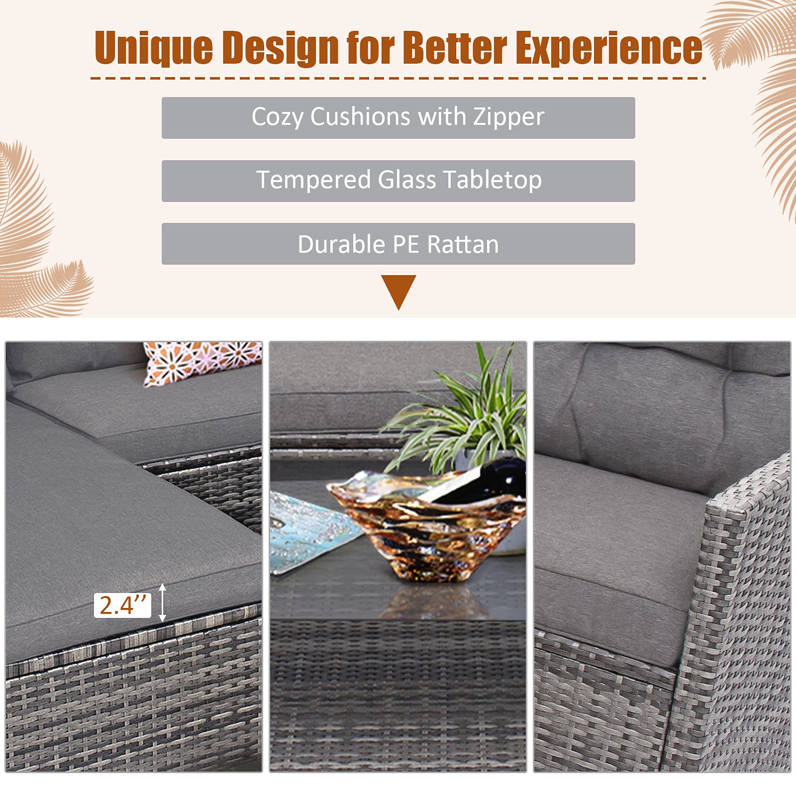 Tangkula 4 Pieces Rattan Conversation Set, Patiojoy Outdoor Furniture Set with Cushions, Lounge Sofa Set with Coffee Table, Patio Sectional Sofa Set for Patio Garden Poolside Backyard (Gray)