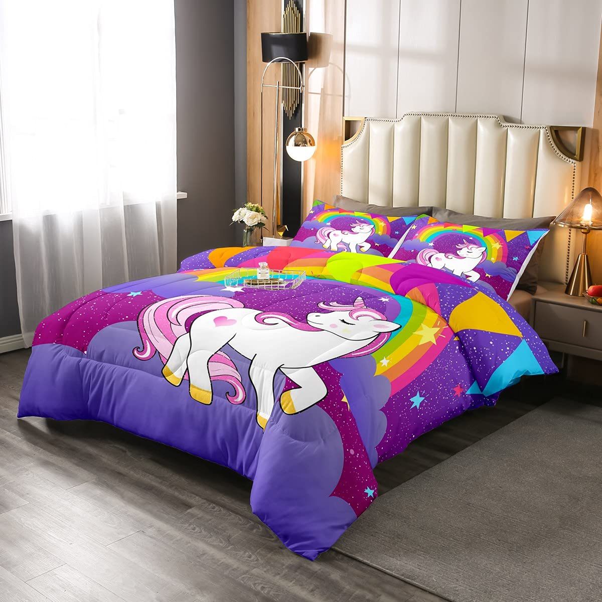 Girls Unicorn Bedding Set Full Kawaii Cute Unicorn Print Bedding Set Cartoon Horse Bedding Children Galaxy Stars Magical Unicorn Animal Down Comforter +2 Pillowcases Reversible Lightweight Purple