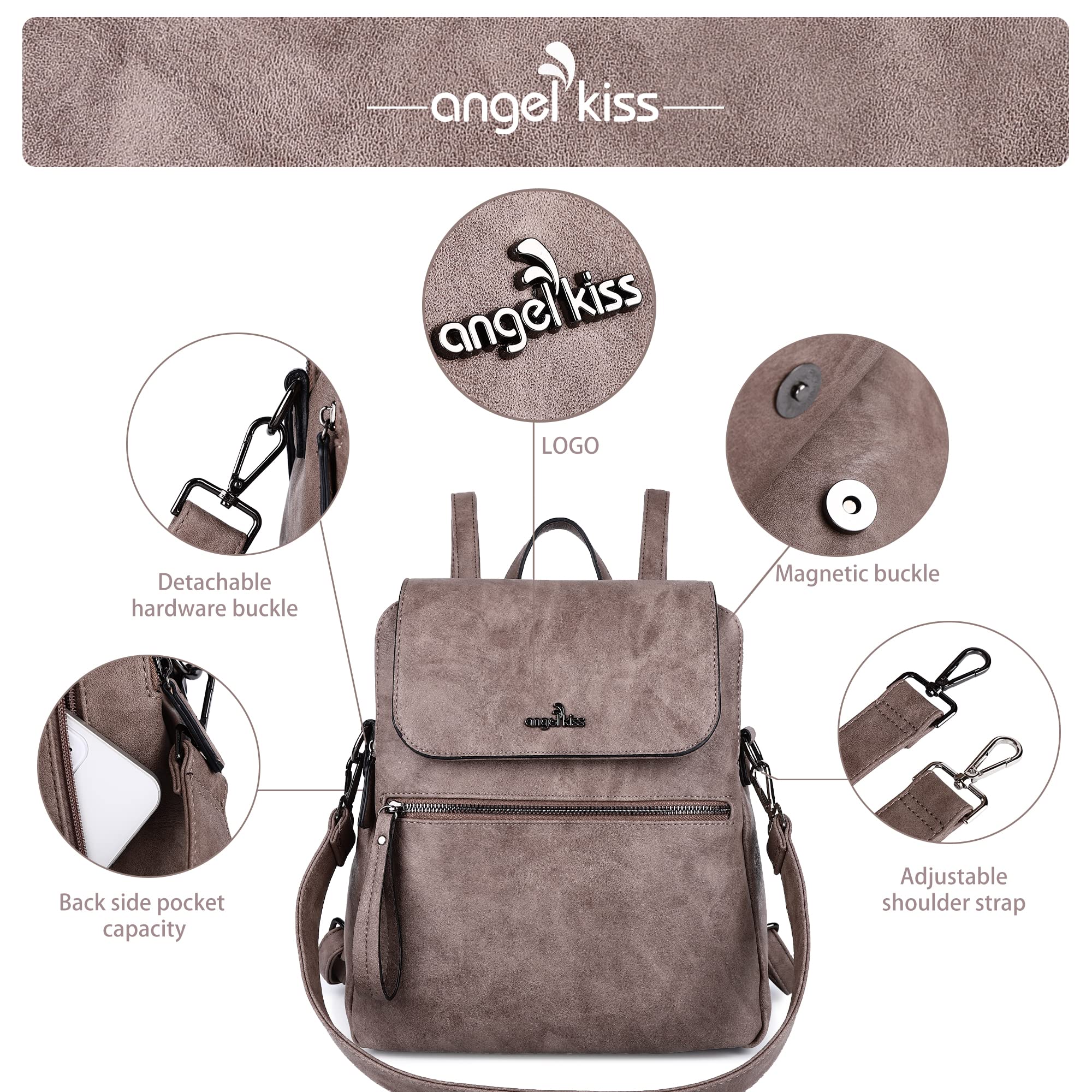 Angel Kiss Backpack Purse for Women Casual Fashion Vegan Leather Shoulder Bag Ladies Zipper Magnetic Flap Backpack