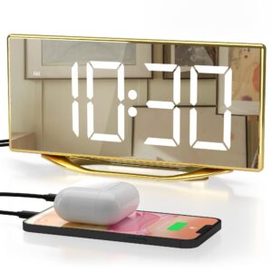 alarm clock for bedroom, modern digital clock for living room, 8.7" led mirror alarm clock with 2 usb charger,snooze,12/24h,7 adjustable dimmer & volume aesthetic bedside clock for teens kids adults