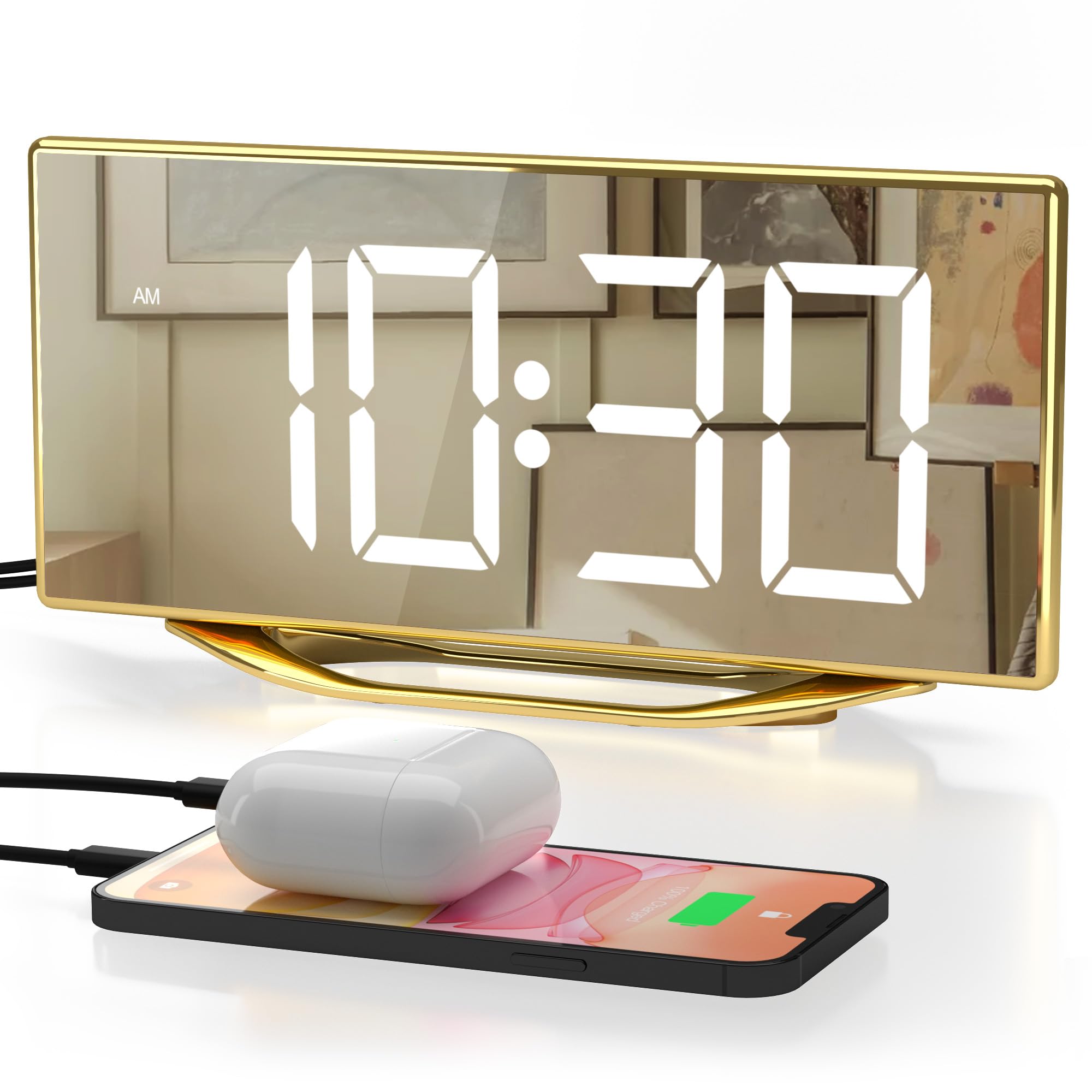 Alarm Clock for Bedroom, Modern Digital Clock for Living Room, 8.7" LED Mirror Alarm Clock with 2 USB Charger,Snooze,12/24H,7 Adjustable Dimmer & Volume Aesthetic Bedside Clock for Teens Kids Adults