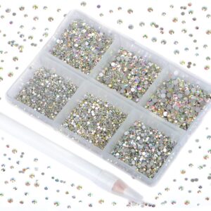 Bymitel 7200 Pieces 6 Mixed Sizes Glue Fix on Glass Rhinestones Round Crystal Gems Flatback for DIY Jewelry Making with one Picking Pen (6-Sizes 7200PCS, Crystal AB)