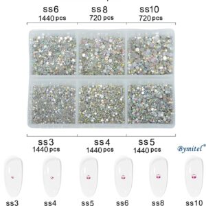 Bymitel 7200 Pieces 6 Mixed Sizes Glue Fix on Glass Rhinestones Round Crystal Gems Flatback for DIY Jewelry Making with one Picking Pen (6-Sizes 7200PCS, Crystal AB)