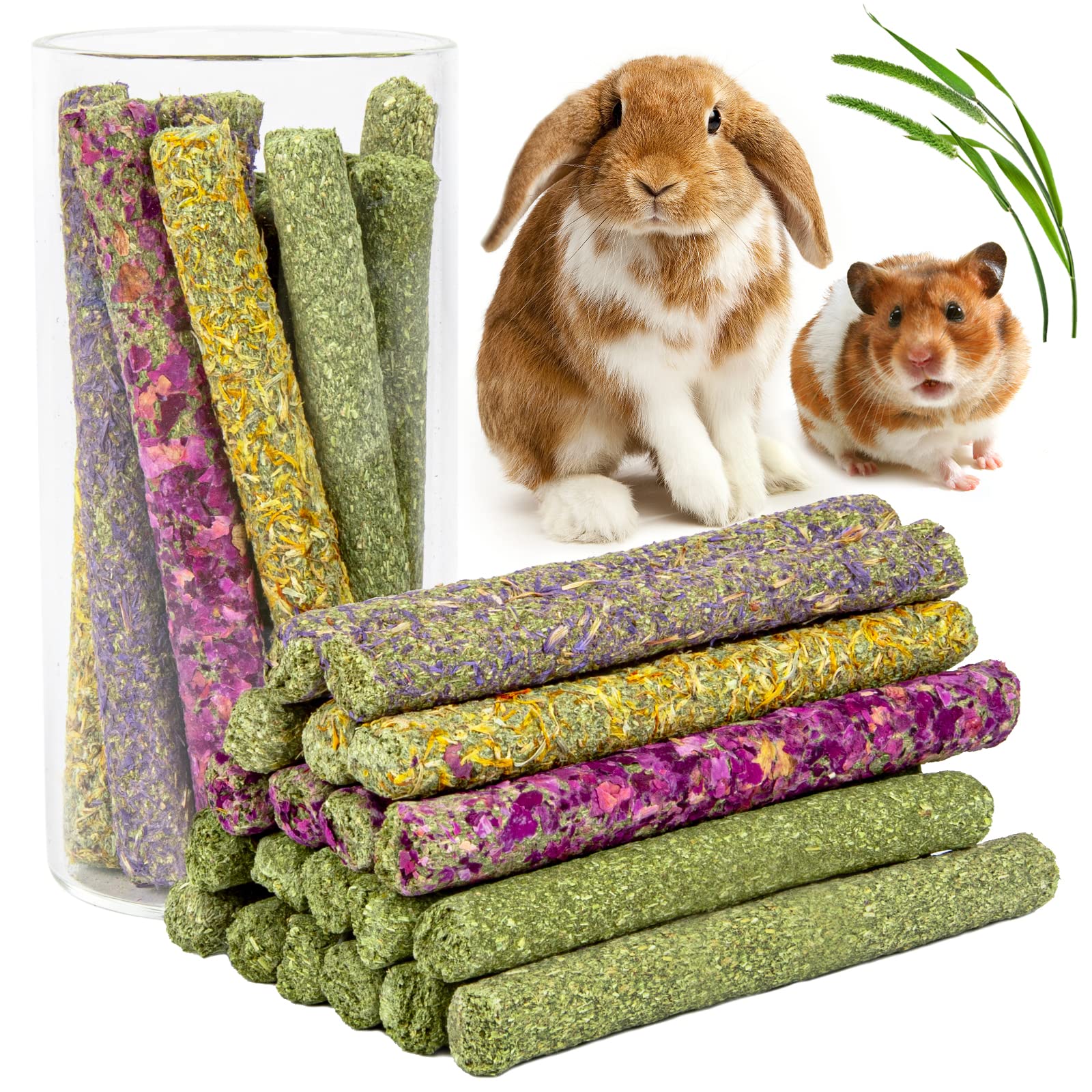 Sofier 32Pcs Timothy Hay Sticks 320g Rabbit Toys Bunny, Guinea Pig Toys Natural Hamster Toys for Teeth Handmade Treats and Chews Chinchilla Rat Gerbil