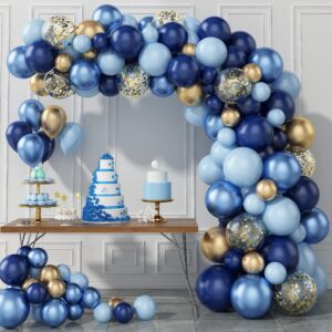 97pcs navy blue balloon garland arch kit, metallic blue and macaron blue balloons, gold confetti and metallic gold balloons arch for birthday party decorations, wedding, bridal shower, baby shower