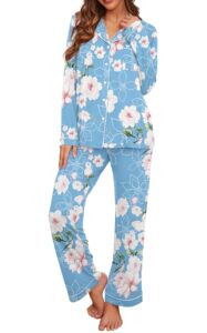 prinstory women's pajamas set long sleeve sleepwear casual loungewear soft button down pjs set with pockets fp-light blue-large