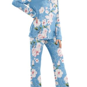 PrinStory Women's Pajamas Set Long Sleeve Sleepwear Casual Loungewear Soft Button Down Pjs Set with Pockets FP-Light Blue-Large