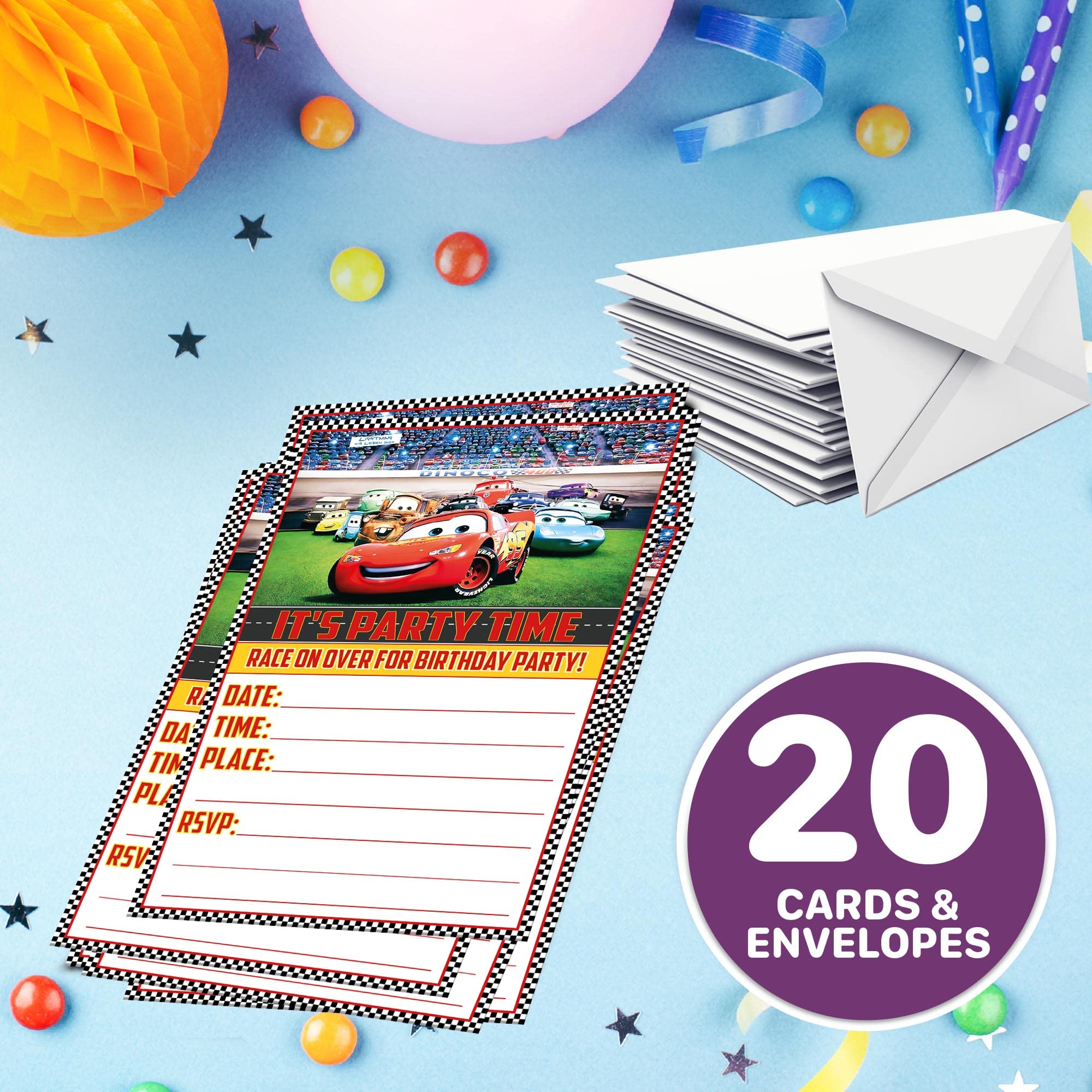 Set of 20 Cars -Themed Happy Birthday Invitation Cards & Envelopes - Lightweight (240g), Postcard Style Invites for the Perfect Party Pack