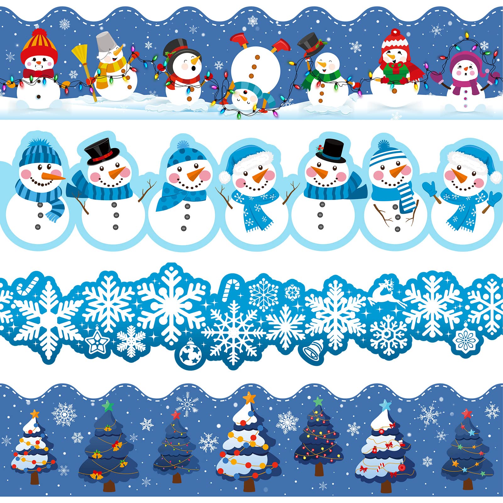 63ft Winter Bulletin Board Borders Snowman Bulletin Board Decorations Christmas Border Paper Holiday Borders Snowflake Xmas Tree Wave Trim Border for School Classroom Office Party (Vivid Style)