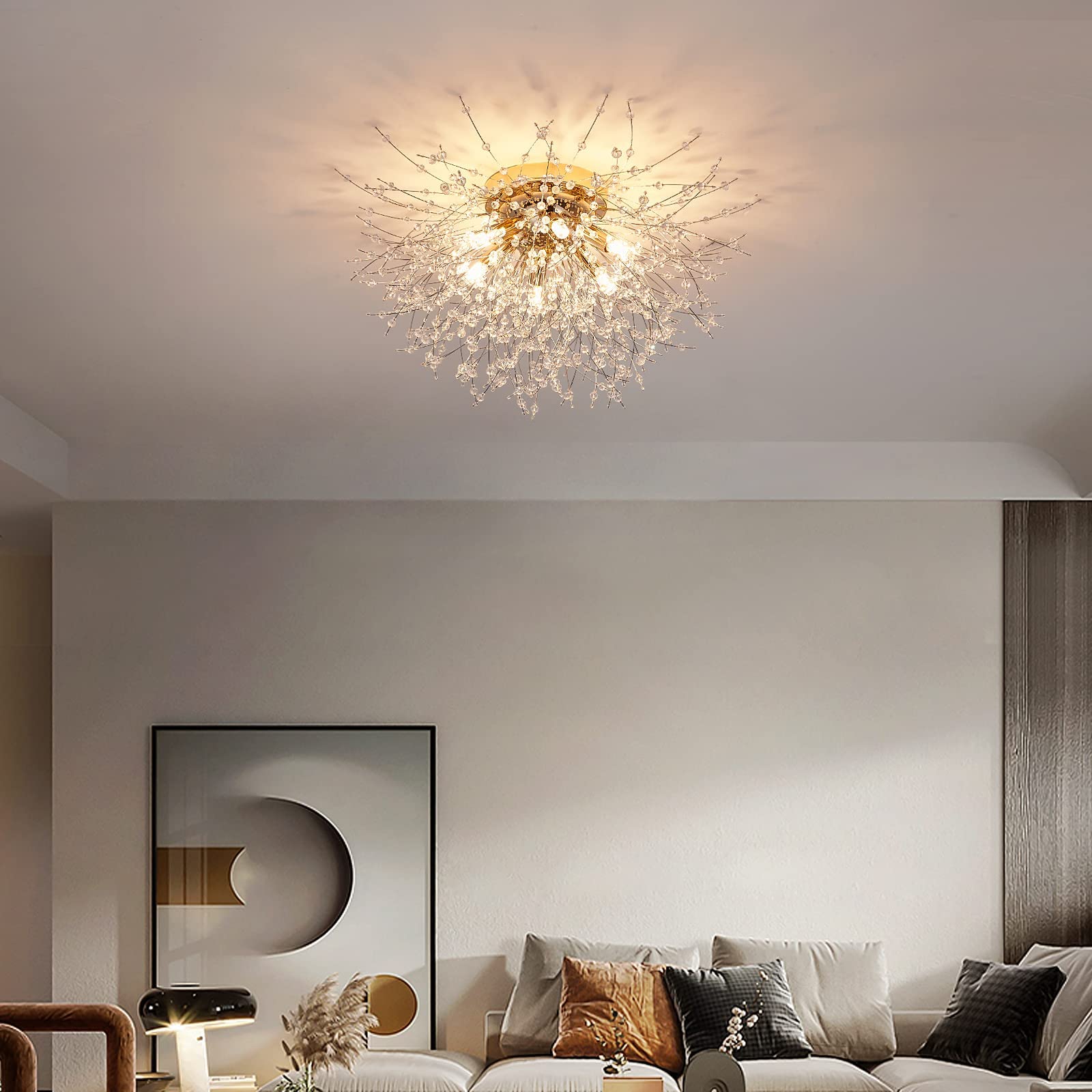 6-Light Sputnik Flush Mount Ceiling Light Fixture, Modern Gold Crystal Firework Ceiling Lights, Close to Ceiling Lamp for Bedroom Kitchen Hallway Entryway Bathroom